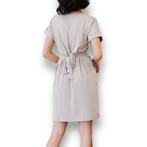 Zenana Cream Dress Size Large Short Sleeve Stretch Knit with Tie Back Belt - Picture 6 of 11